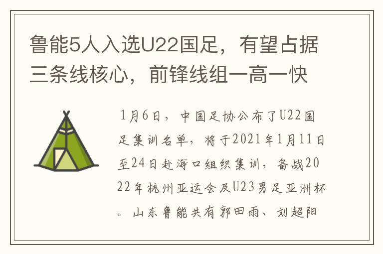 鲁能5人入选U22国足，有望占据三条线核心，前锋线组一高一快