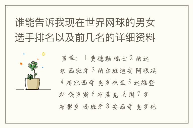 谁能告诉我现在世界网球的男女选手排名以及前几名的详细资料 都有哪些重要赛事