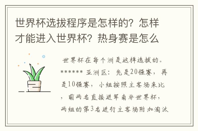世界杯选拔程序是怎样的?怎样才能进入世界杯?热身赛是怎么回事?