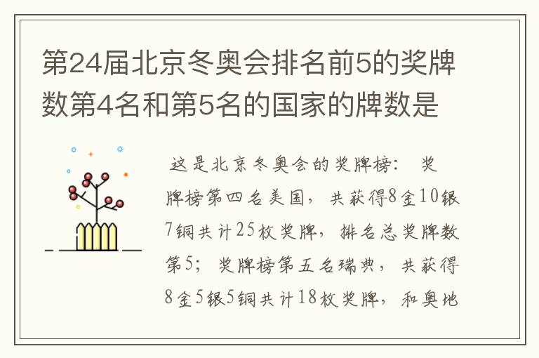 第24届北京冬奥会排名前5的奖牌数第4名和第5名的国家的牌数是多少?