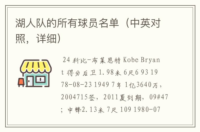 湖人队的所有球员名单（中英对照，详细）
