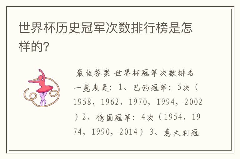 世界杯历史冠军次数排行榜是怎样的?