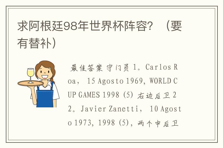 求阿根廷98年世界杯阵容?(要有替补)
