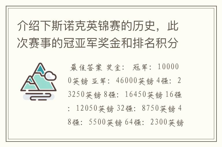 介绍下斯诺克英锦赛的历史,此次赛事的冠亚军奖金和排名积分各是多少?