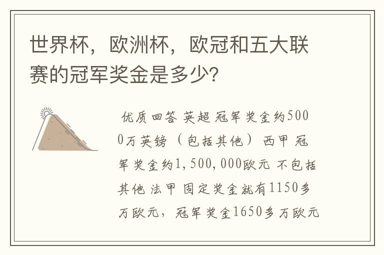 世界杯,欧洲杯,欧冠和五大联赛的冠军奖金是多少?