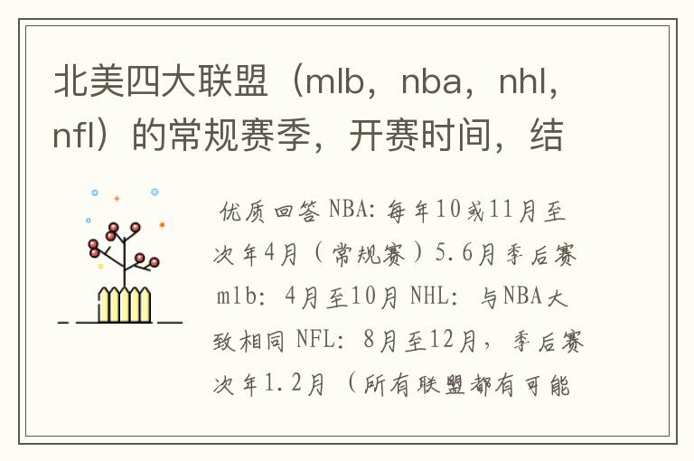 北美四大联盟(mlb,nba,nhl,nfl)的常规赛季,开赛时间,结束时间,等一下详细的信息!求帮助啊!
