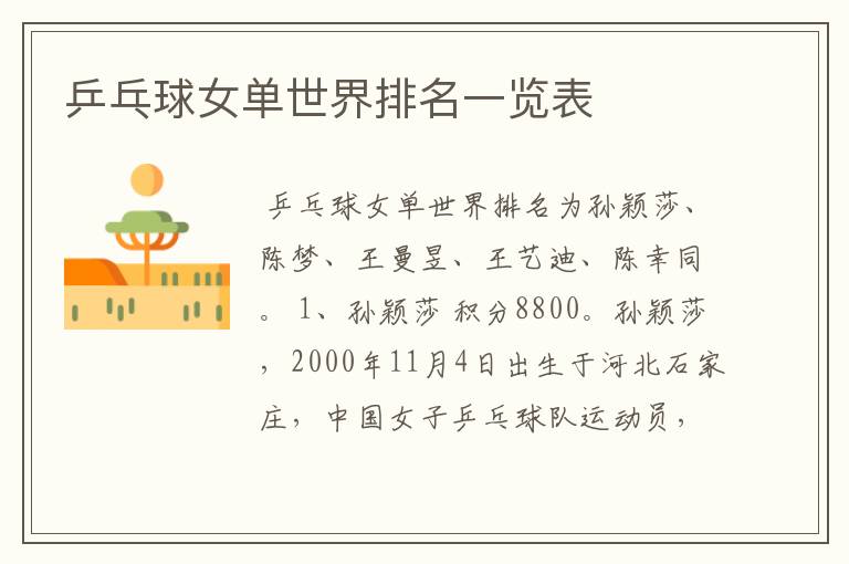 乒乓球女单世界排名一览表