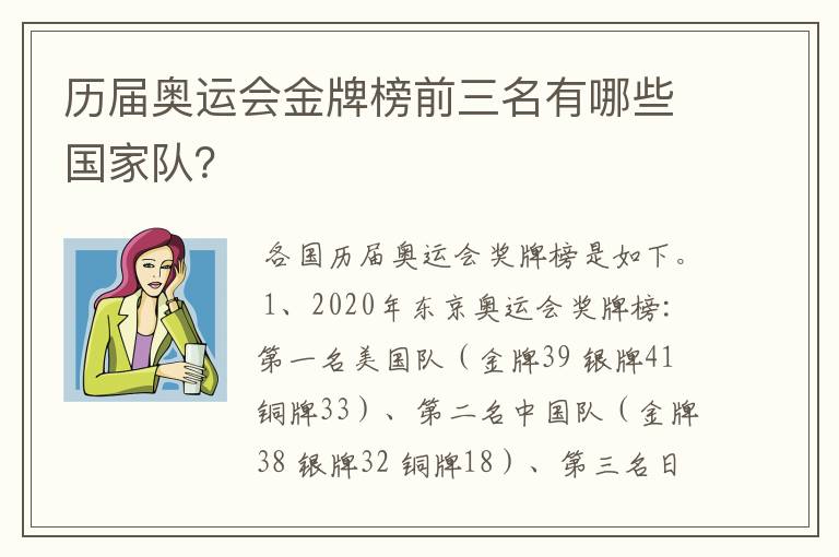 历届奥运会金牌榜前三名有哪些国家队?