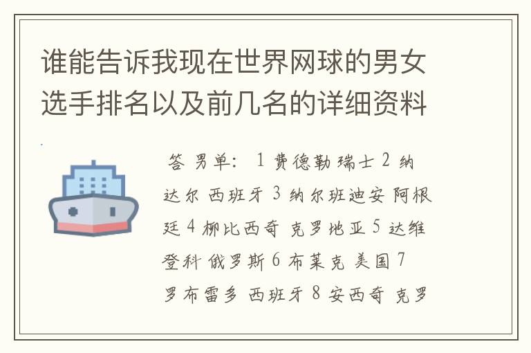 谁能告诉我现在世界网球的男女选手排名以及前几名的详细资料 都有哪些重要赛事