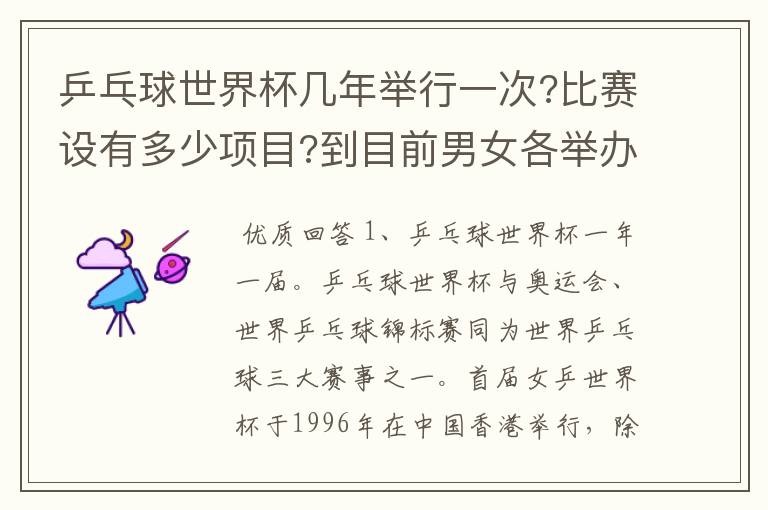 乒乓球世界杯几年举行一次?比赛设有多少项目?到目前男女各举办了几届
