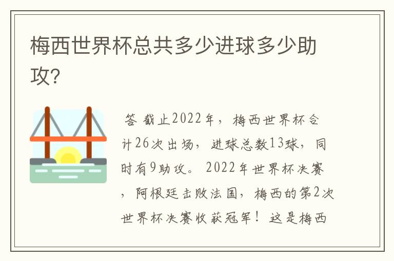 梅西世界杯总共多少进球多少助攻?