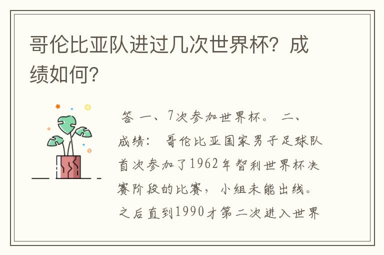 哥伦比亚队进过几次世界杯?成绩如何?