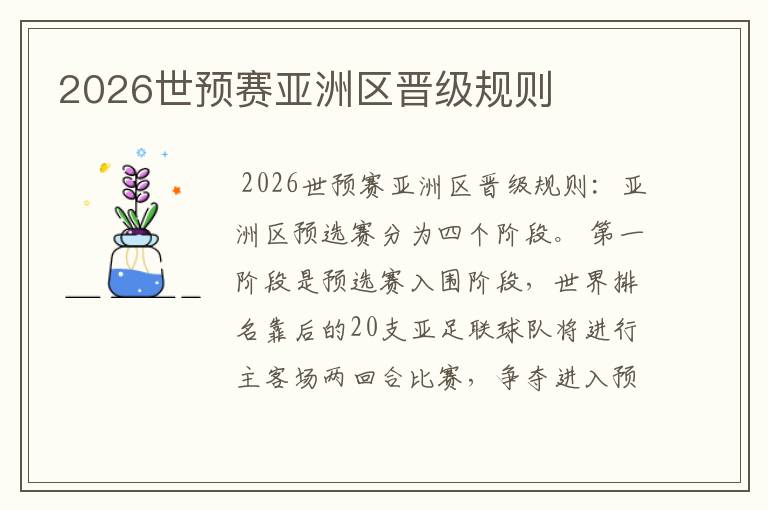 2026世预赛亚洲区晋级规则