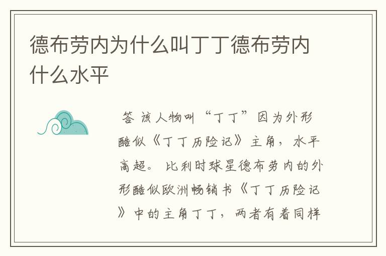德布劳内为什么叫丁丁德布劳内什么水平