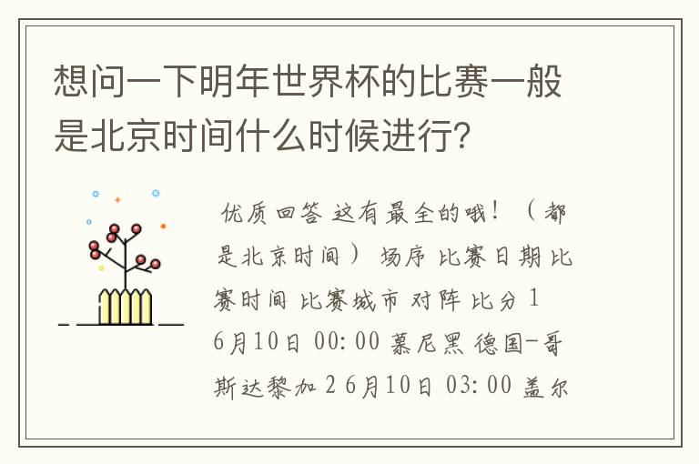 想问一下明年世界杯的比赛一般是北京时间什么时候进行?