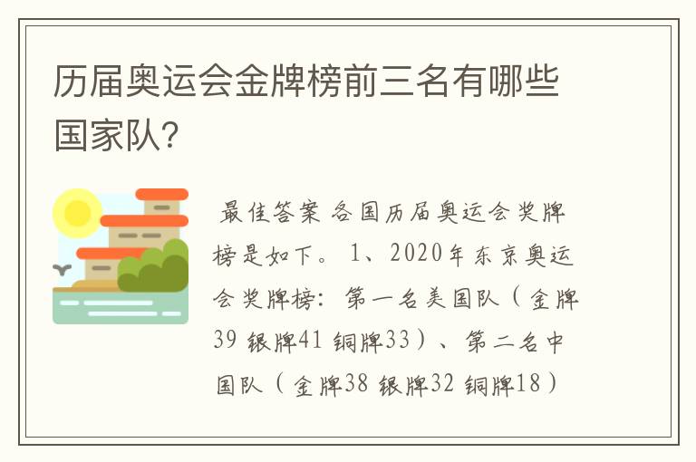 历届奥运会金牌榜前三名有哪些国家队?