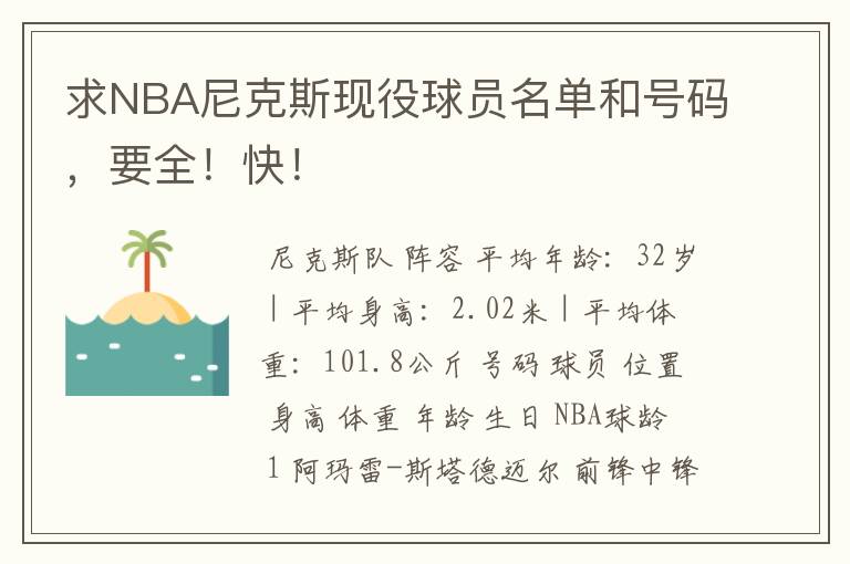 求NBA尼克斯现役球员名单和号码，要全！快！