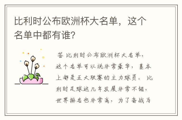 比利时公布欧洲杯大名单，这个名单中都有谁？