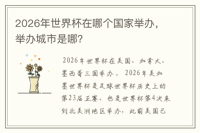 2026年世界杯在哪个国家举办,举办城市是哪?