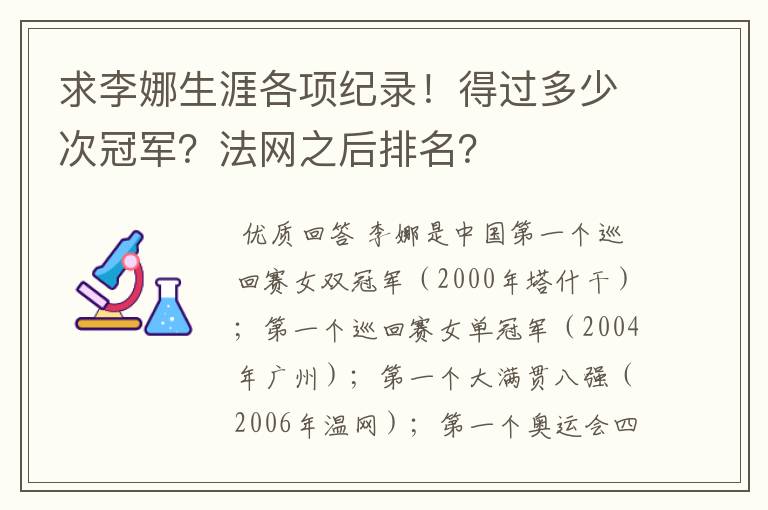 求李娜生涯各项纪录!得过多少次冠军?法网之后排名?