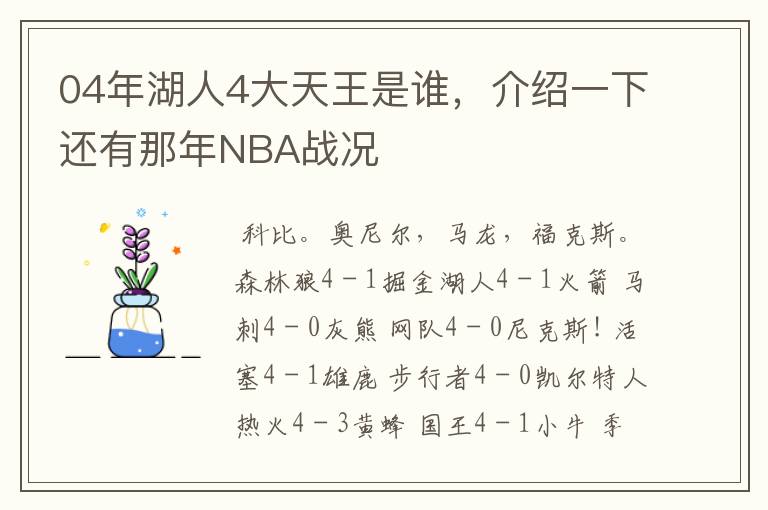 04年湖人4大天王是谁,介绍一下还有那年NBA战况