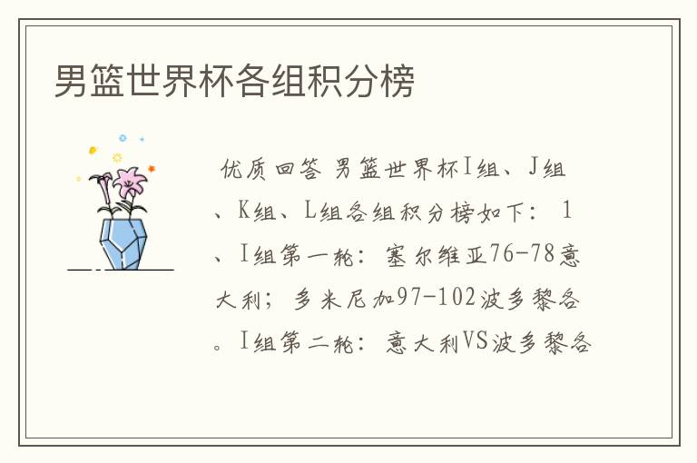 男篮世界杯各组积分榜