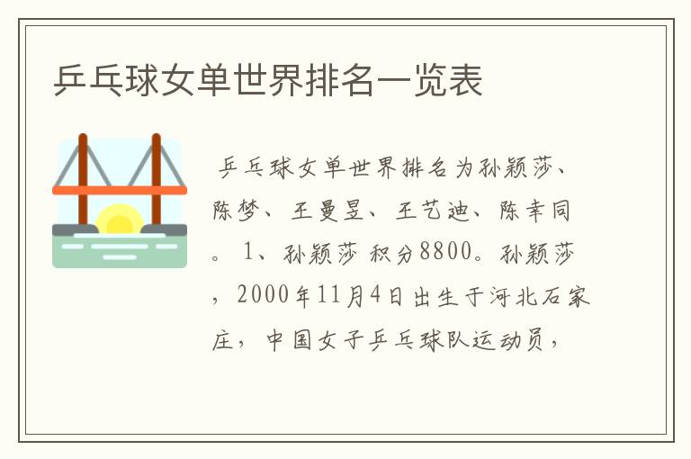 乒乓球女单世界排名一览表