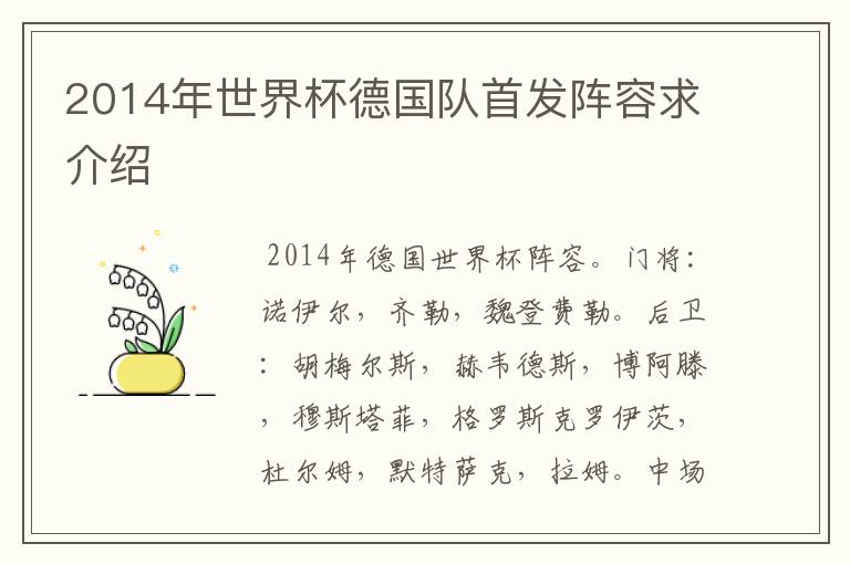 2014年世界杯德国队首发阵容求介绍