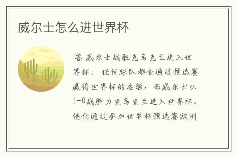 威尔士怎么进世界杯