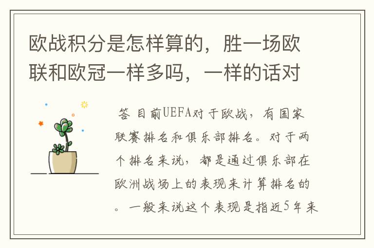 欧战积分是怎样算的,胜一场欧联和欧冠一样多吗,一样的话对意甲太不公平了。