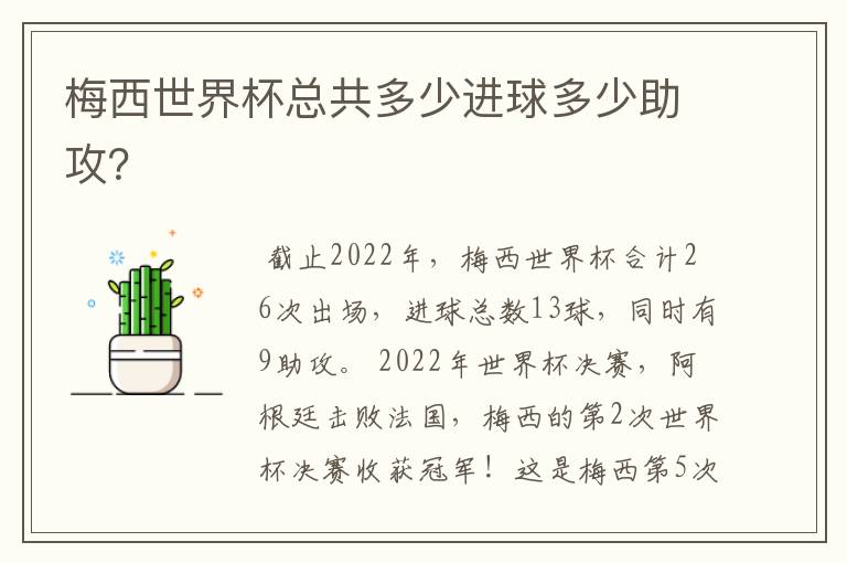 梅西世界杯总共多少进球多少助攻?