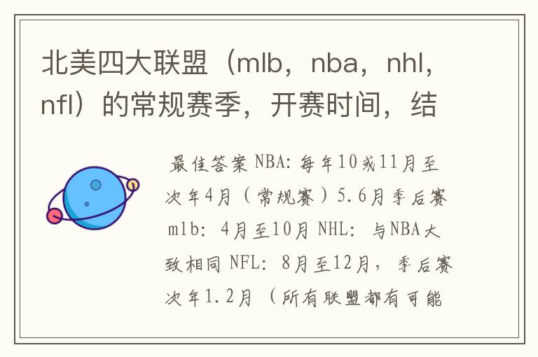 北美四大联盟(mlb,nba,nhl,nfl)的常规赛季,开赛时间,结束时间,等一下详细的信息!求帮助啊!