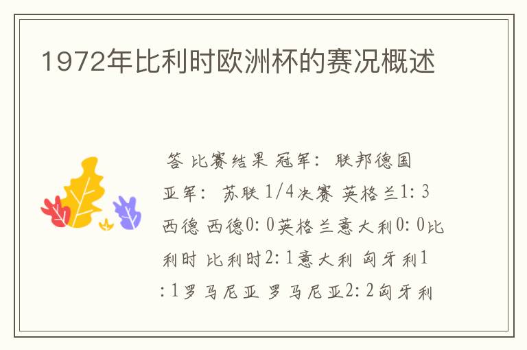 1972年比利时欧洲杯的赛况概述