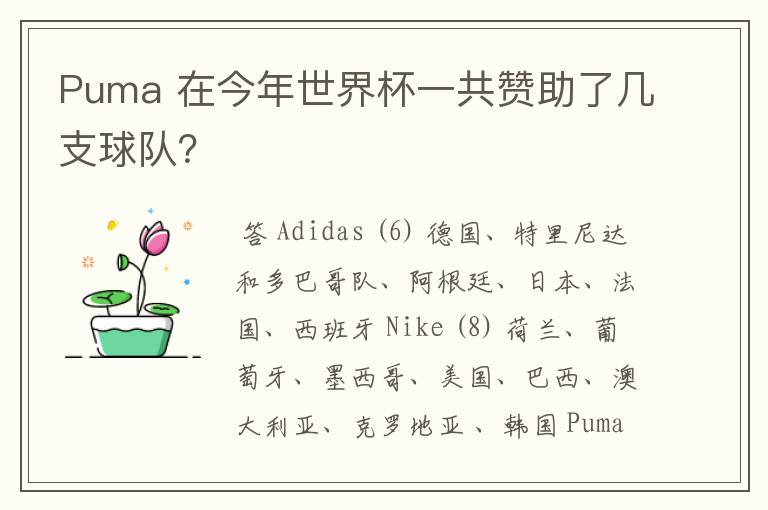 Puma 在今年世界杯一共赞助了几支球队？