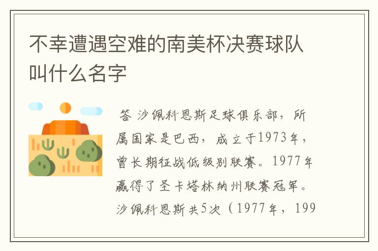 不幸遭遇空难的南美杯决赛球队叫什么名字