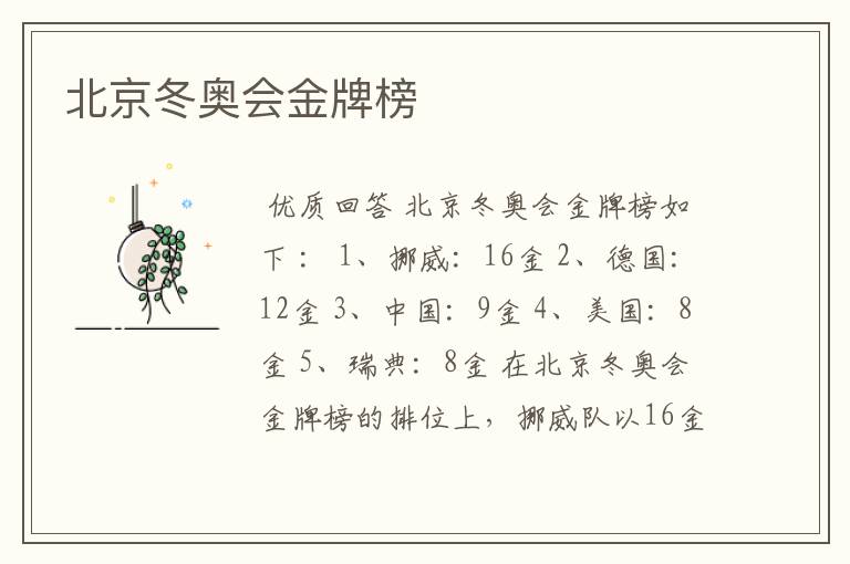 北京冬奥会金牌榜