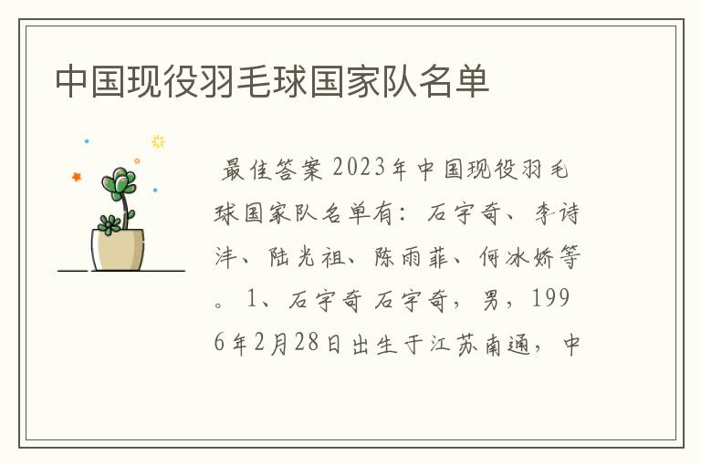 中国现役羽毛球国家队名单