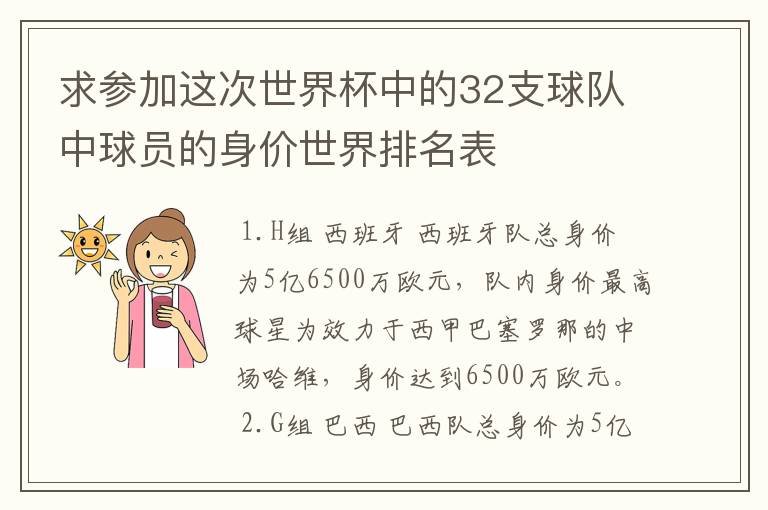 求参加这次世界杯中的32支球队中球员的身价世界排名表