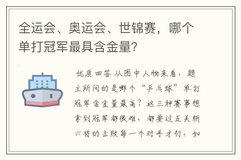 全运会、奥运会、世锦赛,哪个单打冠军最具含金量?