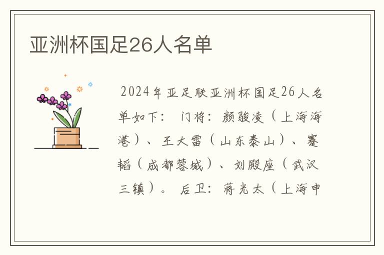 亚洲杯国足26人名单