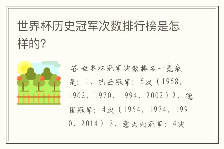 世界杯历史冠军次数排行榜是怎样的?