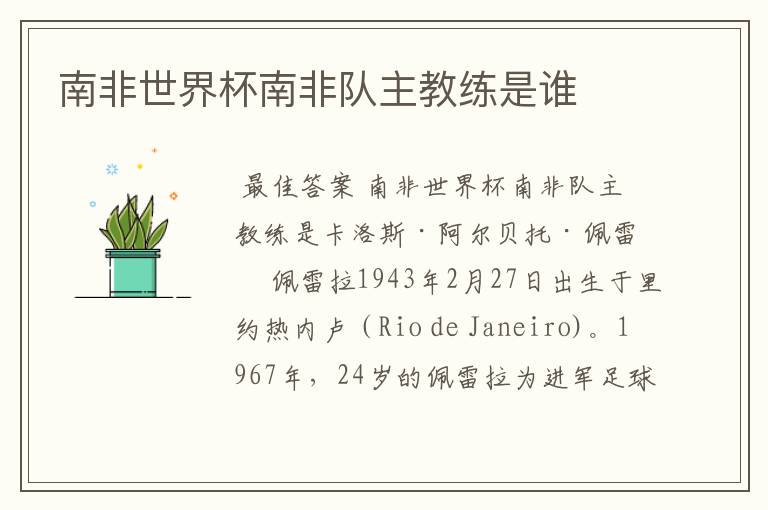 南非世界杯南非队主教练是谁
