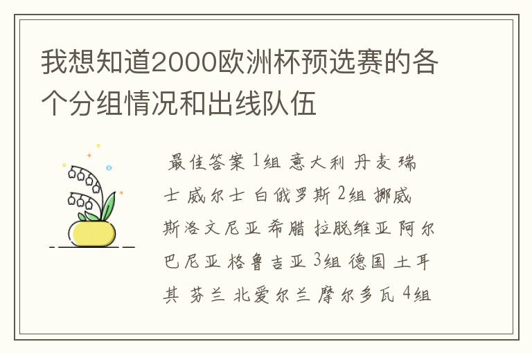 我想知道2000欧洲杯预选赛的各个分组情况和出线队伍