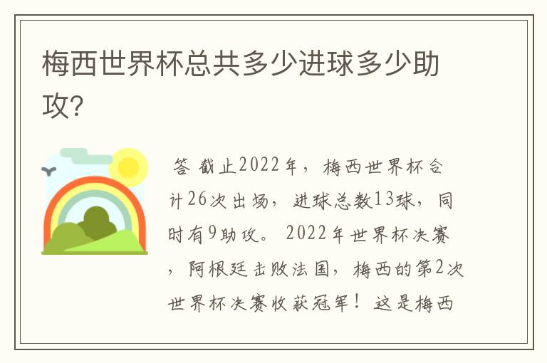 梅西世界杯总共多少进球多少助攻?