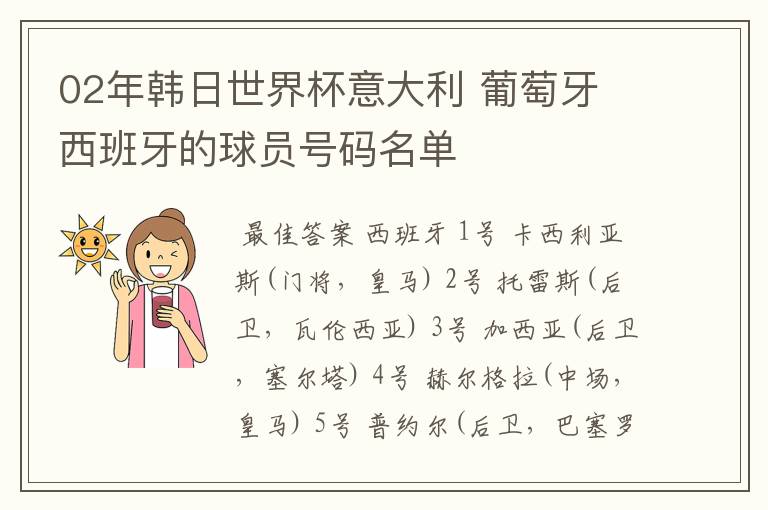 02年韩日世界杯意大利 葡萄牙 西班牙的球员号码名单