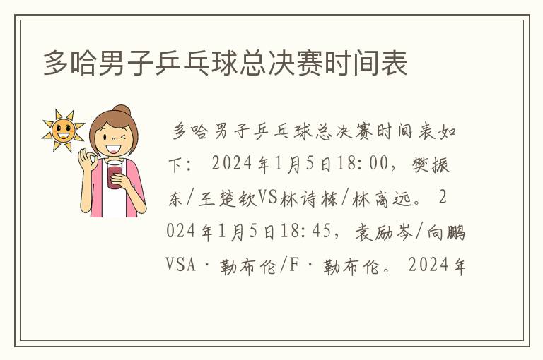 多哈男子乒乓球总决赛时间表