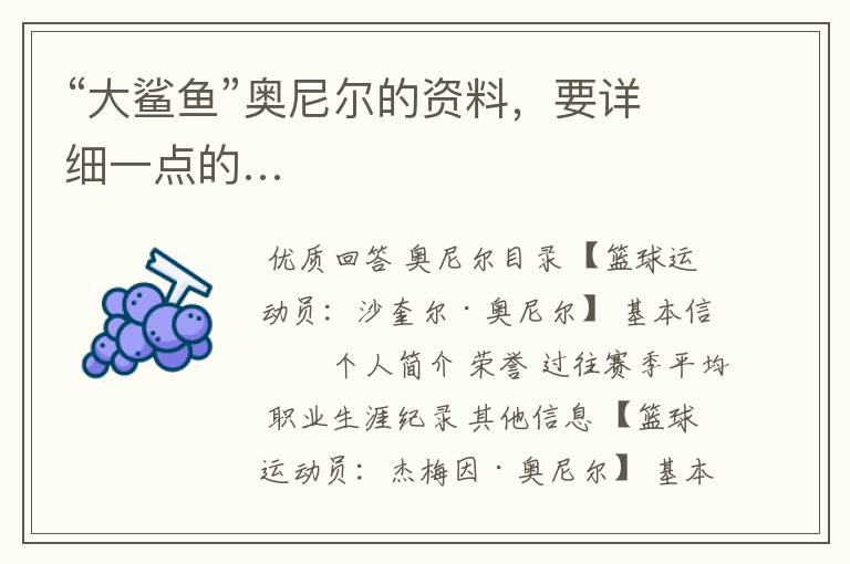 “大鲨鱼”奥尼尔的资料,要详细一点的…