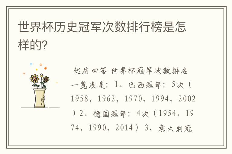 世界杯历史冠军次数排行榜是怎样的?