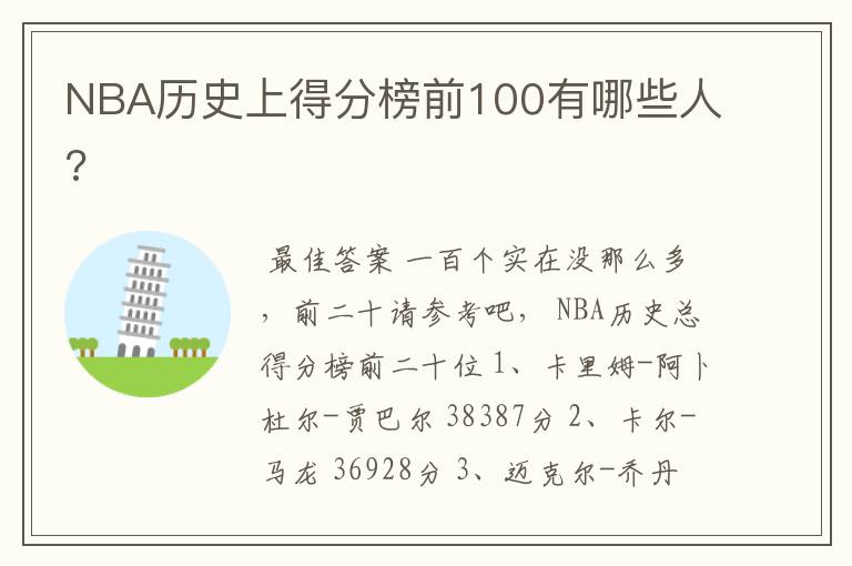 NBA历史上得分榜前100有哪些人?