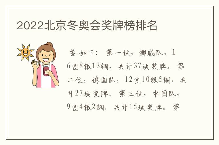 2022北京冬奥会奖牌榜排名